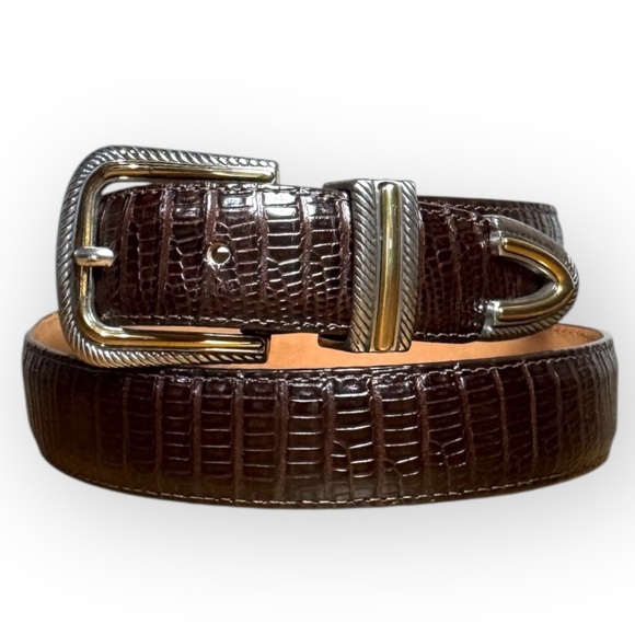 Onyx Brown Leather Croc Embossed Belt w/ textured Silver/gold toned hardware 32 - Picture 1 of 8
